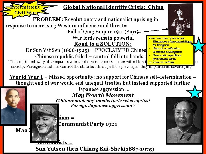 Intermittent Civil War Global National Identity Crisis: China PROBLEM: Revolutionary and nationalist uprising in