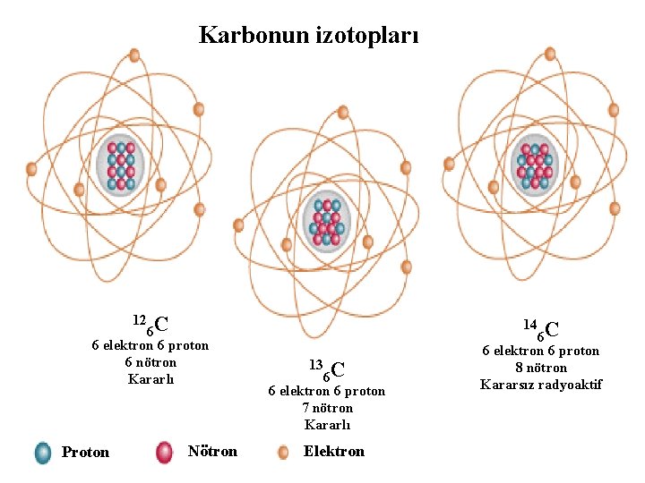 Karbonun izotopları 6 C 6 elektron 6 proton 6 nötron Kararlı 12 Proton Nötron