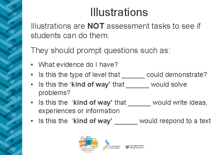 Illustrations are NOT assessment tasks to see if students can do them. They should