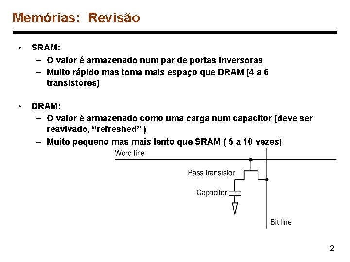 Memórias: Revisão • SRAM: – O valor é armazenado num par de portas inversoras