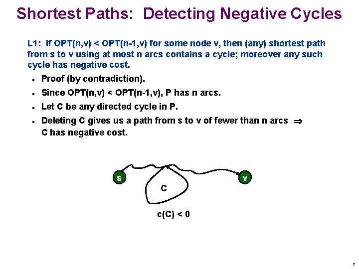 Shortest Paths: Detecting Negative Cycles L 1: if OPT(n, v) < OPT(n-1, v) for