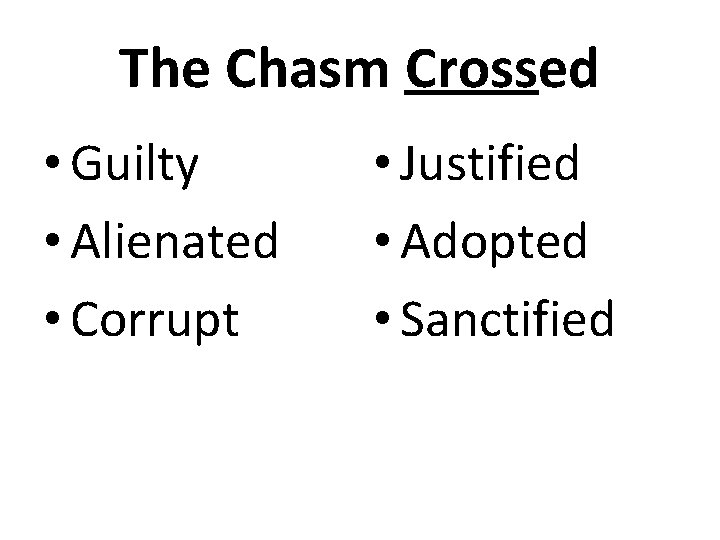 The Chasm Crossed • Guilty • Alienated • Corrupt • Justified • Adopted •