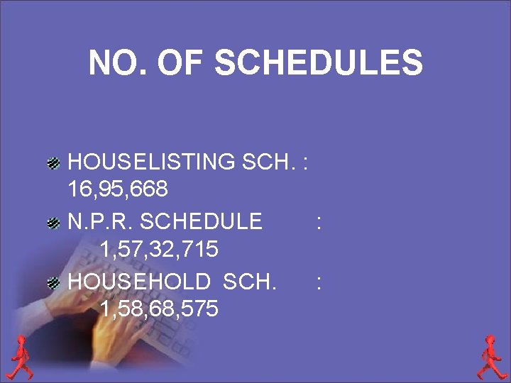 NO. OF SCHEDULES HOUSELISTING SCH. : 16, 95, 668 N. P. R. SCHEDULE :