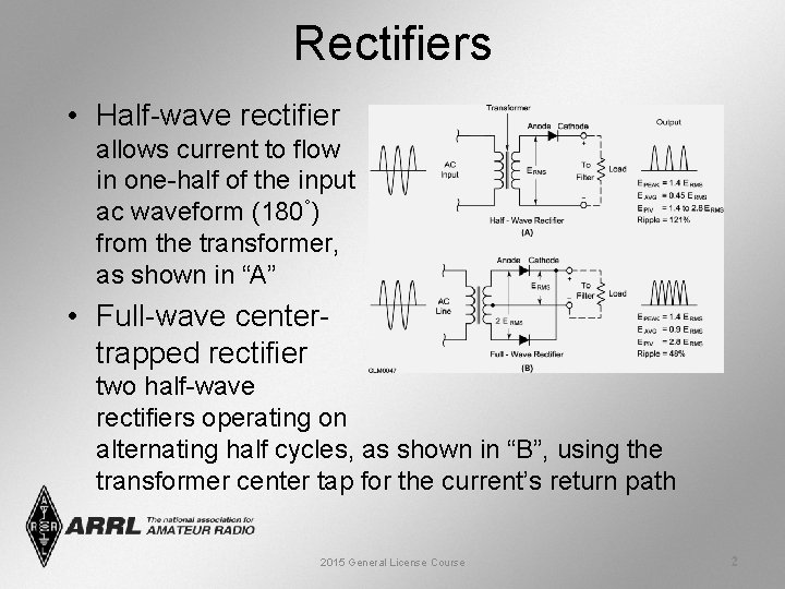 Rectifiers • Half-wave rectifier allows current to flow in one-half of the input ac
