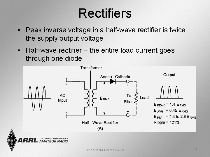 Rectifiers • Peak inverse voltage in a half-wave rectifier is twice the supply output