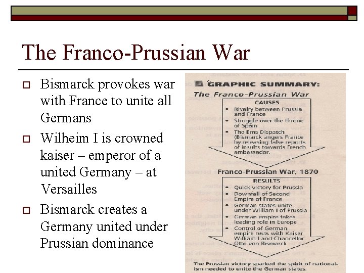 The Franco-Prussian War o o o Bismarck provokes war with France to unite all