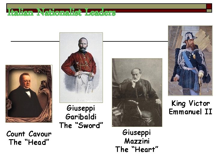 Italian Nationalist Leaders Count Cavour The “Head” Giuseppi Garibaldi The “Sword” King Victor Emmanuel