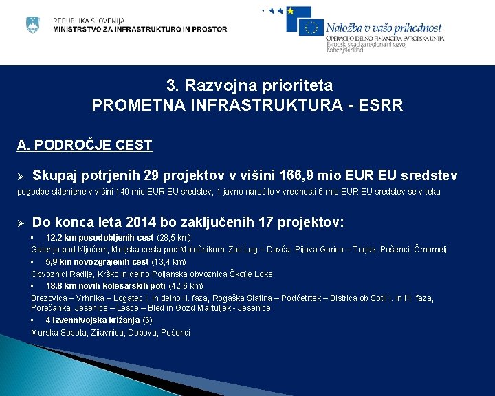 3. Razvojna prioriteta PROMETNA INFRASTRUKTURA - ESRR A. PODROČJE CEST Ø Skupaj potrjenih 29