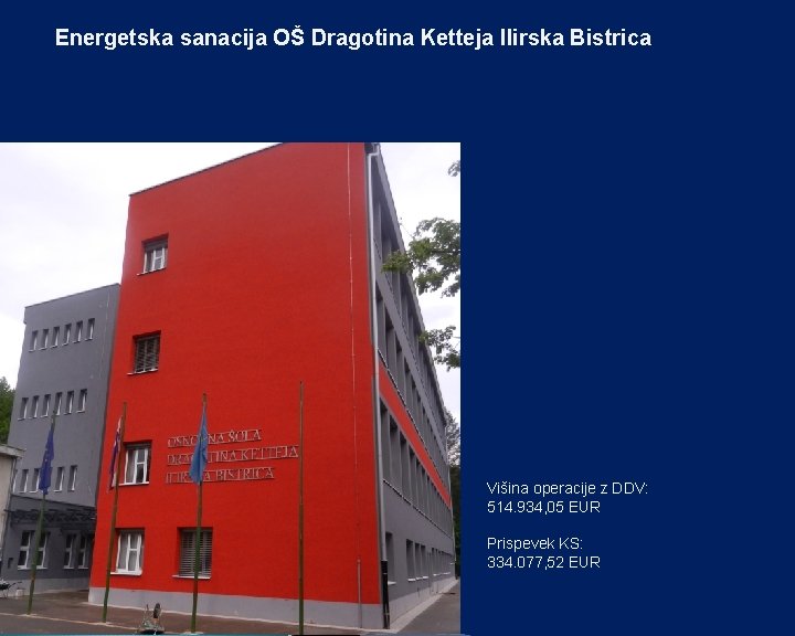 Energetska sanacija OŠ Dragotina Ketteja Ilirska Bistrica Višina operacije z DDV: 514. 934, 05