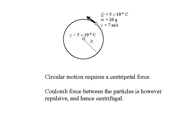 Q = 5 10– 6 C m = 20 g v = 7 m/s