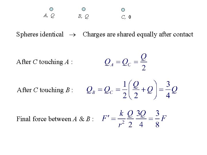 A, Q Spheres identical B, Q C, 0 Charges are shared equally after contact