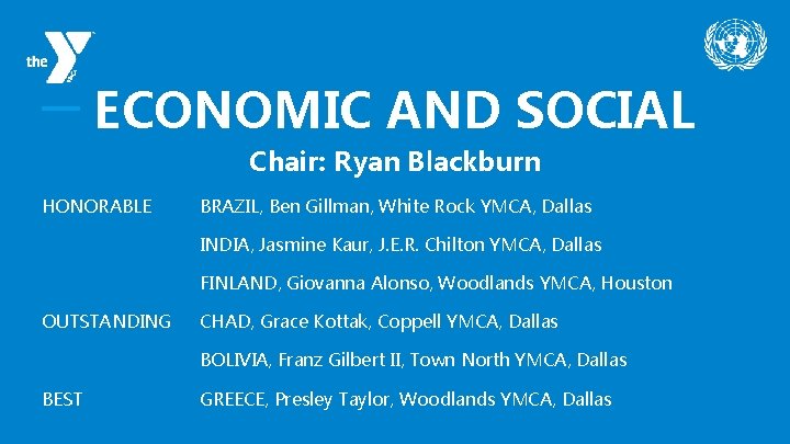 ECONOMIC AND SOCIAL Chair: Ryan Blackburn HONORABLE BRAZIL, Ben Gillman, White Rock YMCA, Dallas