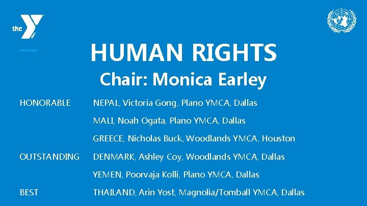 HUMAN RIGHTS Chair: Monica Earley HONORABLE NEPAL, Victoria Gong, Plano YMCA, Dallas MALI, Noah
