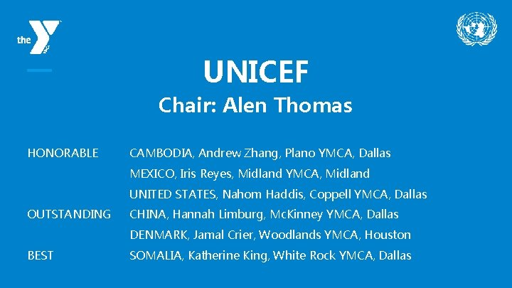 UNICEF Chair: Alen Thomas HONORABLE CAMBODIA, Andrew Zhang, Plano YMCA, Dallas MEXICO, Iris Reyes,