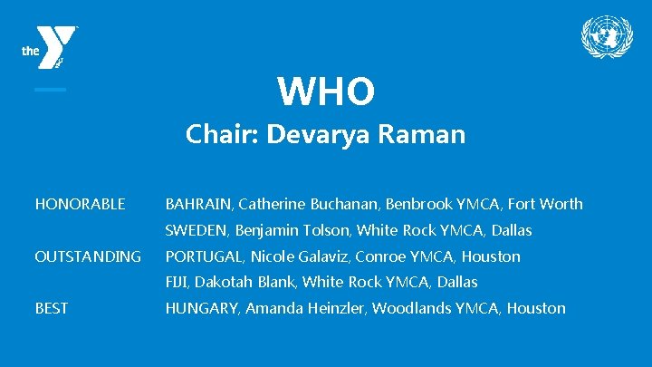 WHO Chair: Devarya Raman HONORABLE BAHRAIN, Catherine Buchanan, Benbrook YMCA, Fort Worth SWEDEN, Benjamin