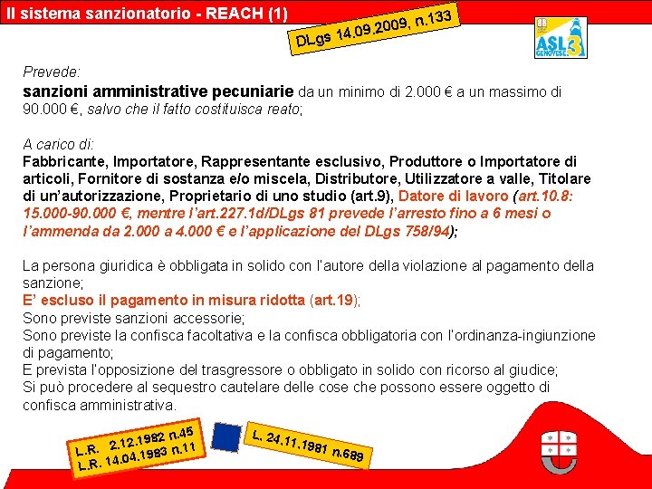 Il sistema sanzionatorio - REACH (1) . 133 n , 9 0 0 4.