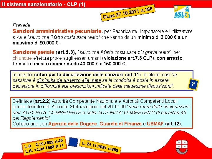 Il sistema sanzionatorio - CLP (1) DLgs . 186 n 1 1 0 27.