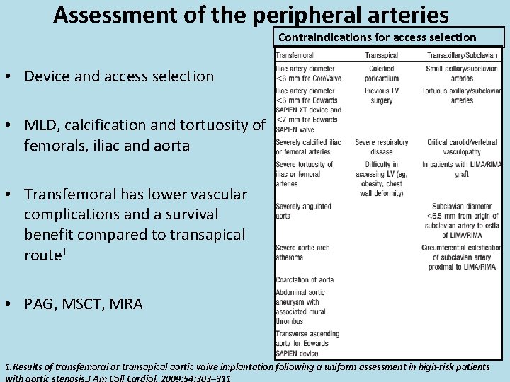 Assessment of the peripheral arteries Contraindications for access selection • Device and access selection