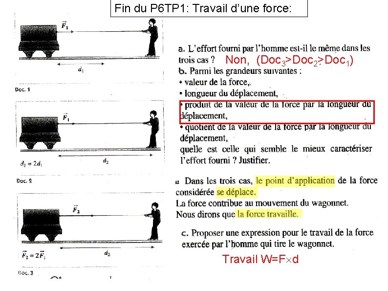 Fin du P 6 TP 1: Travail d’une force: Non, (Doc 3>Doc 2>Doc 1)