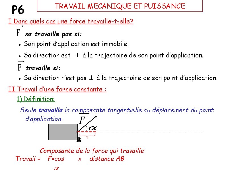 P 6 TRAVAIL MECANIQUE ET PUISSANCE I Dans quels cas une force travaille-t-elle? ne