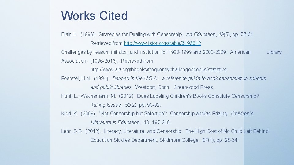 Works Cited Blair, L. (1996). Strategies for Dealing with Censorship. Art Education, 49(5), pp.