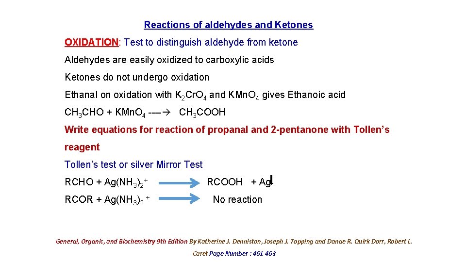 Reactions of aldehydes and Ketones OXIDATION: Test to distinguish aldehyde from ketone Aldehydes are