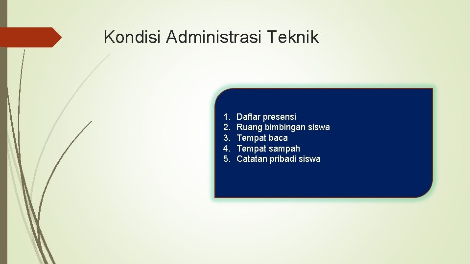 Kondisi Administrasi Teknik 1. 2. 3. 4. 5. Daftar presensi Ruang bimbingan siswa Tempat