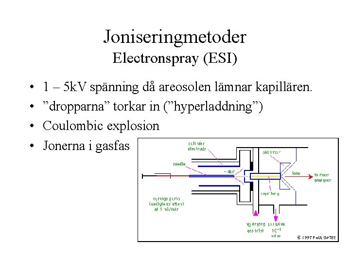 Joniseringmetoder Electronspray (ESI) • • 1 – 5 k. V spänning då areosolen lämnar