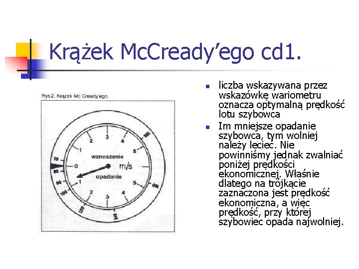 Krążek Mc. Cready’ego cd 1. n n liczba wskazywana przez wskazówkę wariometru oznacza optymalną Krążek Mc. Cready’ego cd 1. n n liczba wskazywana przez wskazówkę wariometru oznacza optymalną