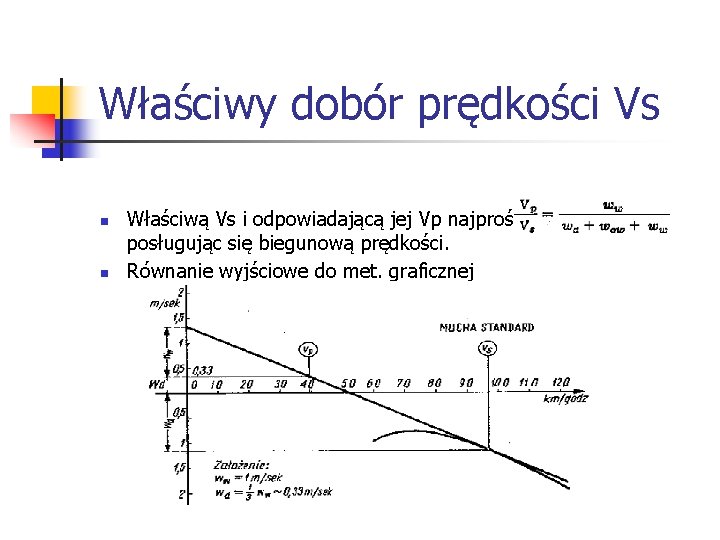 Właściwy dobór prędkości Vs n n Właściwą Vs i odpowiadającą jej Vp najprościej ustalić