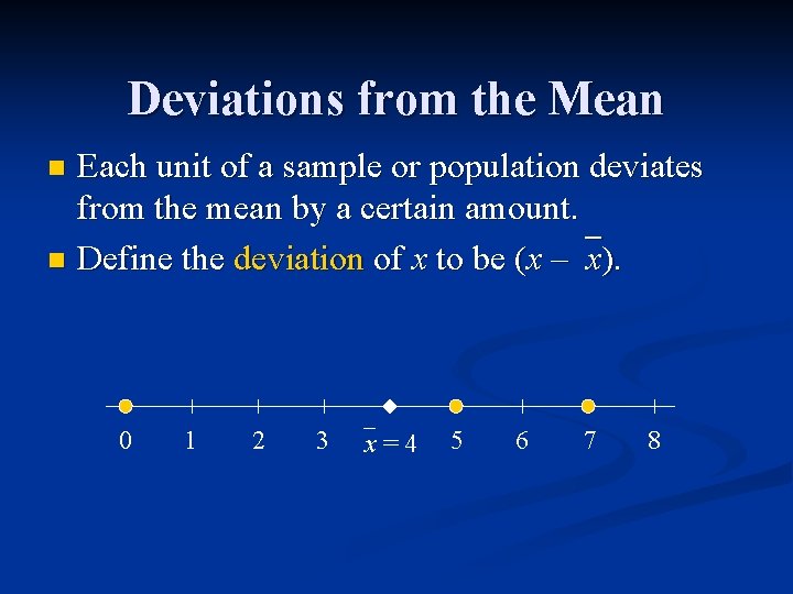 Deviations from the Mean Each unit of a sample or population deviates from the Deviations from the Mean Each unit of a sample or population deviates from the