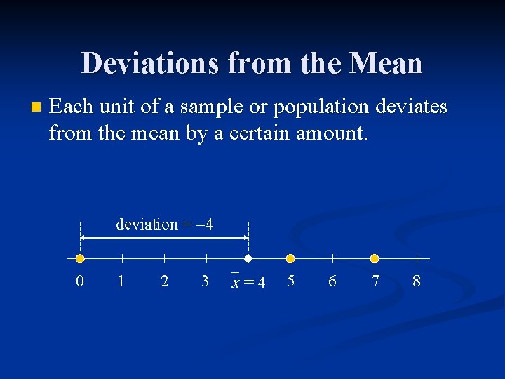Deviations from the Mean n Each unit of a sample or population deviates from Deviations from the Mean n Each unit of a sample or population deviates from