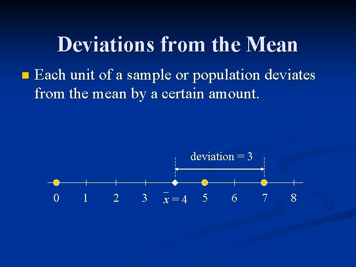 Deviations from the Mean n Each unit of a sample or population deviates from Deviations from the Mean n Each unit of a sample or population deviates from