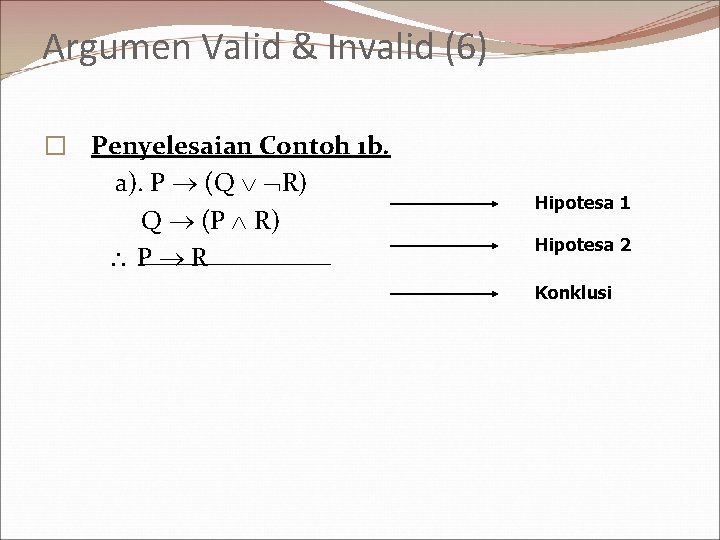 Argumen Valid & Invalid (6) � Penyelesaian Contoh 1 b. a). P (Q R)