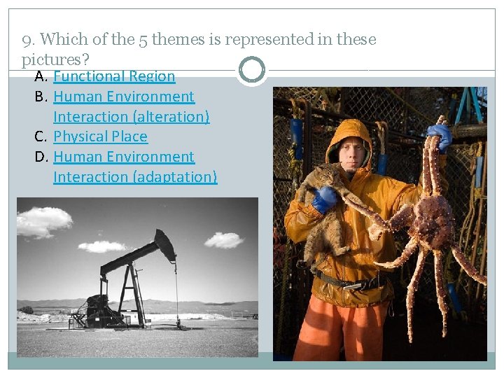 9. Which of the 5 themes is represented in these pictures? A. Functional Region