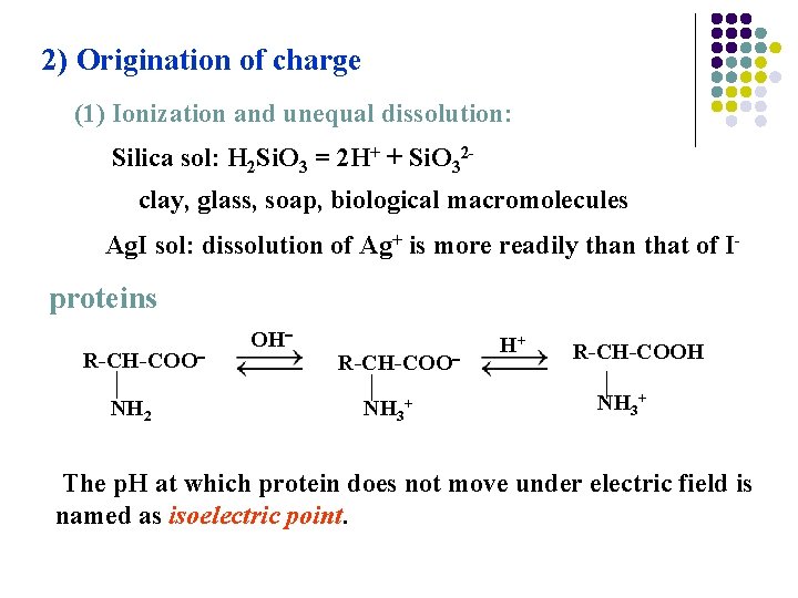 2) Origination of charge (1) Ionization and unequal dissolution: Silica sol: H 2 Si.