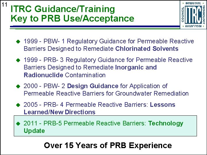 11 ITRC Guidance/Training Key to PRB Use/Acceptance u 1999 - PBW- 1 Regulatory Guidance