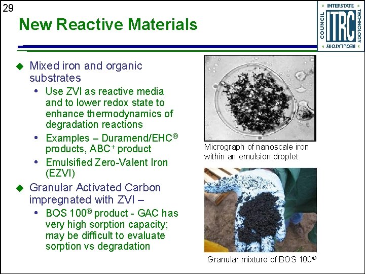 29 New Reactive Materials u Mixed iron and organic substrates • Use ZVI as