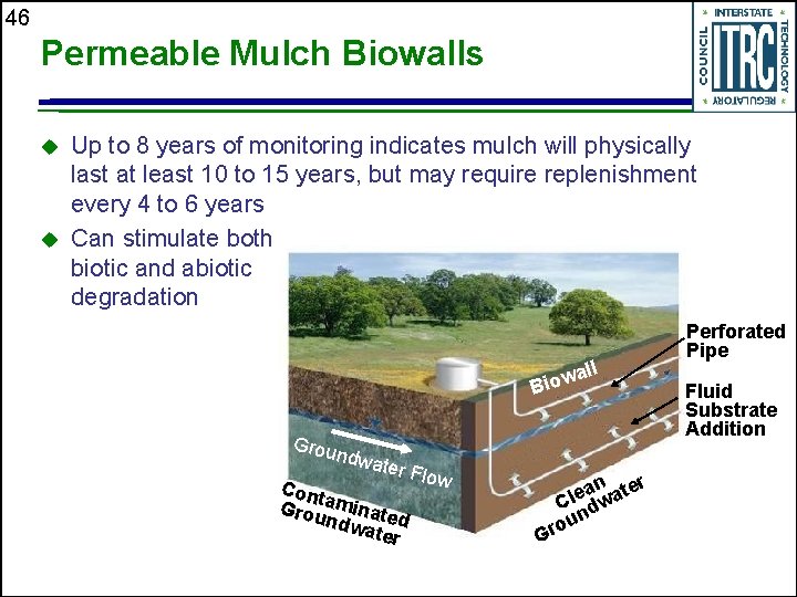 46 Permeable Mulch Biowalls u u Up to 8 years of monitoring indicates mulch