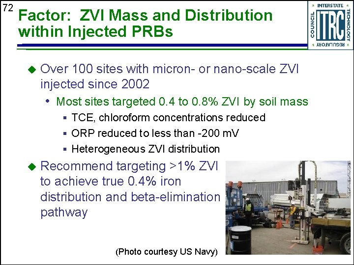 72 Factor: ZVI Mass and Distribution within Injected PRBs u Over 100 sites with