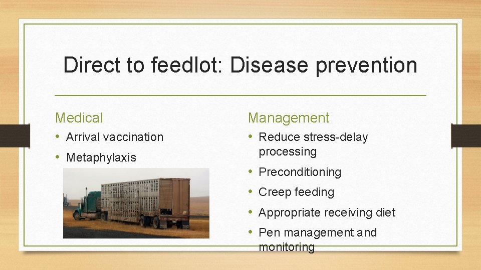 Direct to feedlot: Disease prevention Medical • Arrival vaccination • Metaphylaxis Management • Reduce