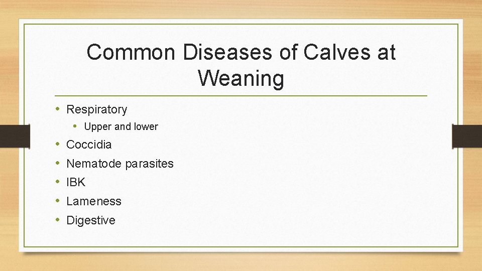 Common Diseases of Calves at Weaning • Respiratory • Upper and lower • •