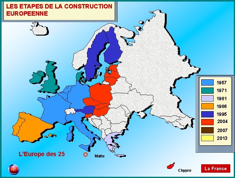 LES ETAPES DE LA CONSTRUCTION EUROPEENNE 1957 1971 1986 1995 2004 2007 2013 L’Europe