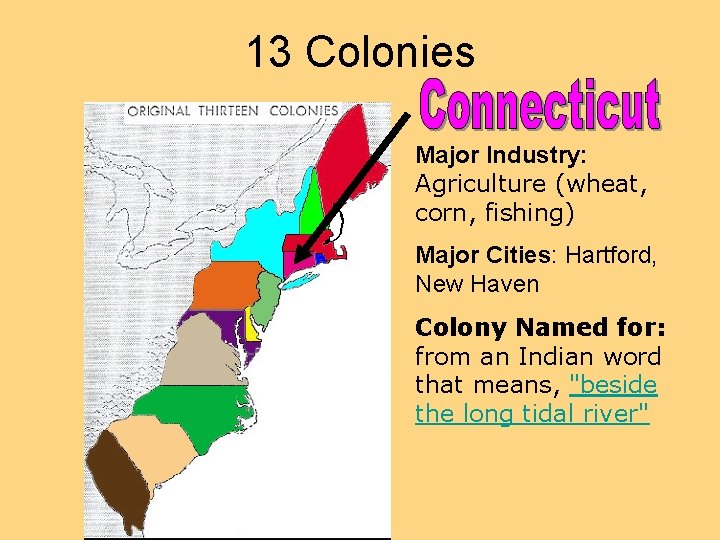 13 Colonies Major Industry: Agriculture (wheat, corn, fishing) Major Cities: Hartford, New Haven Colony