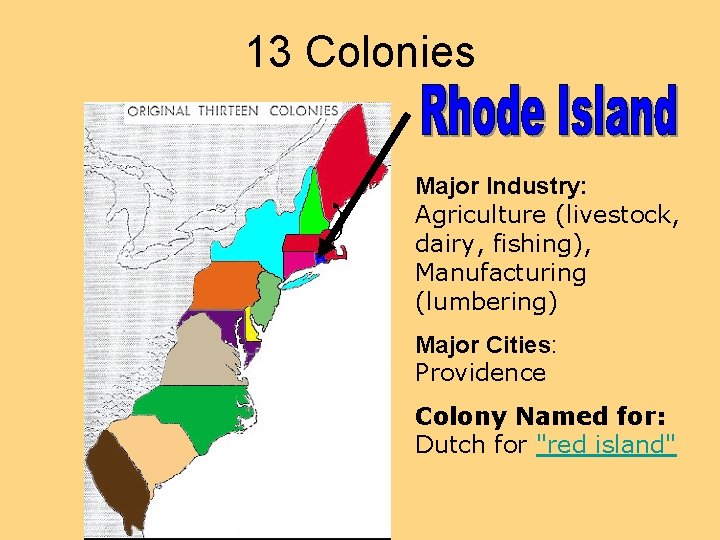 13 Colonies Major Industry: Agriculture (livestock, dairy, fishing), Manufacturing (lumbering) Major Cities: Providence Colony