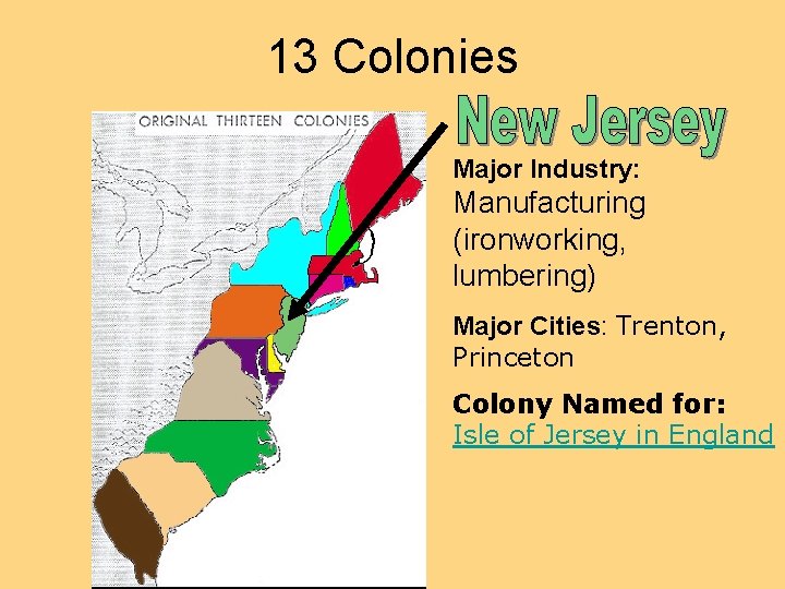 13 Colonies Major Industry: Manufacturing (ironworking, lumbering) Major Cities: Trenton, Princeton Colony Named for: