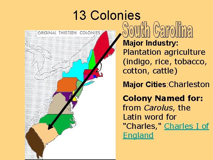 13 Colonies Major Industry: Plantation agriculture (indigo, rice, tobacco, cotton, cattle) Major Cities: Charleston