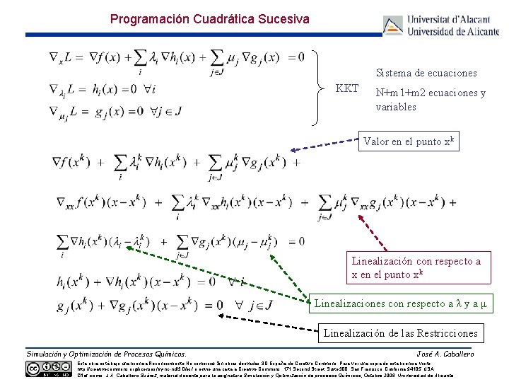 Programación Cuadrática Sucesiva Sistema de ecuaciones KKT N+m 1+m 2 ecuaciones y variables Valor