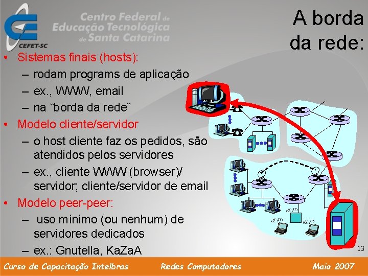  • Sistemas finais (hosts): – rodam programs de aplicação – ex. , WWW,