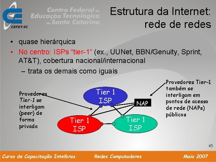 Estrutura da Internet: rede de redes • quase hierárquica • No centro: ISPs “tier-1”